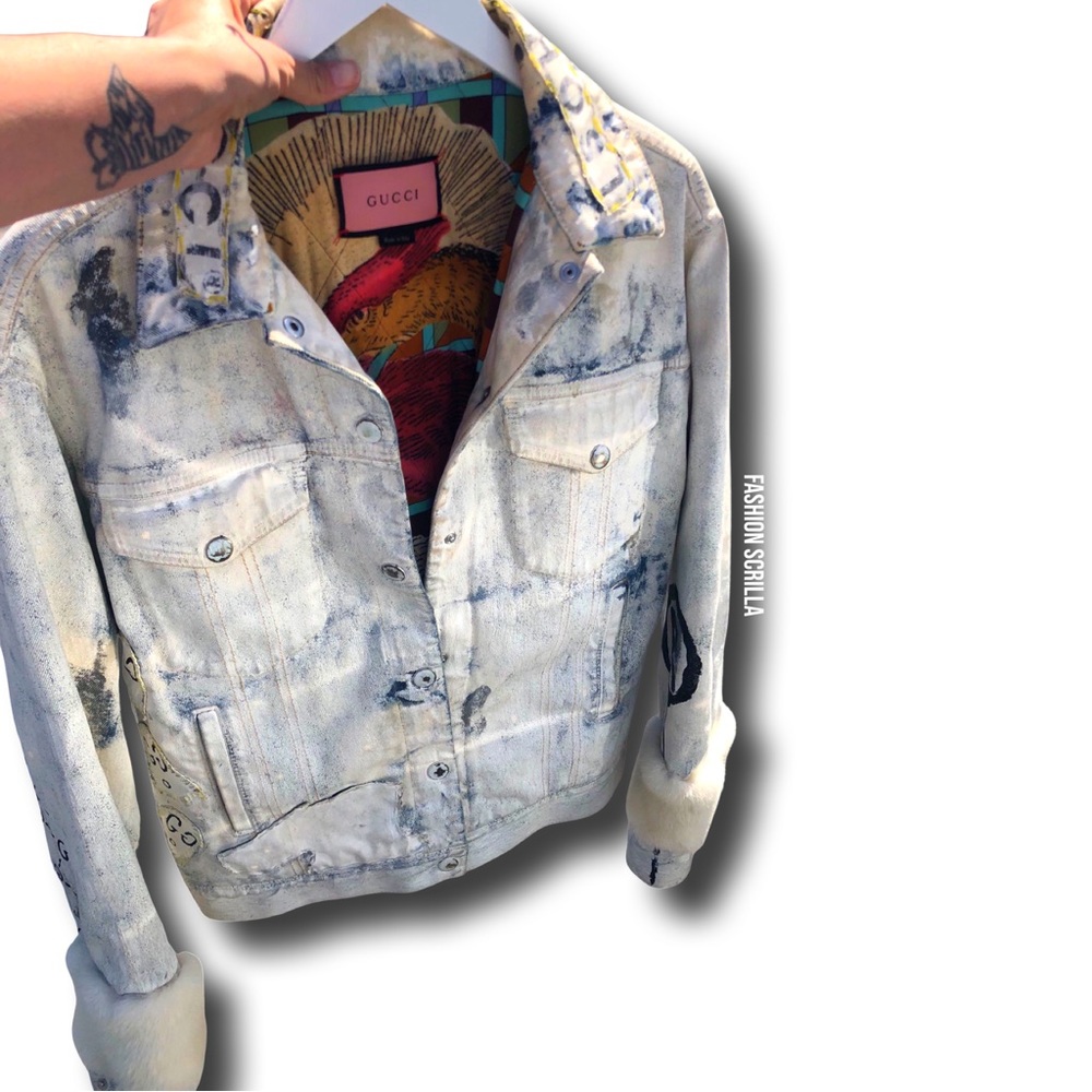 Gucci x GucciGhost Trouble Andrew Runway Hand Painted Logo Denim Mink Fur Jacket - Picture 14 of 17